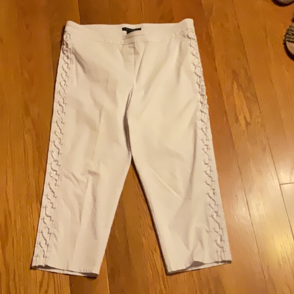 Zac & Rachel White Cropped Pants with side string detailing, size 14